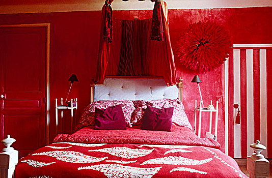 鲜明,深红色,卧室,白色,床头板,条纹,门,浴室,刺绣,被面