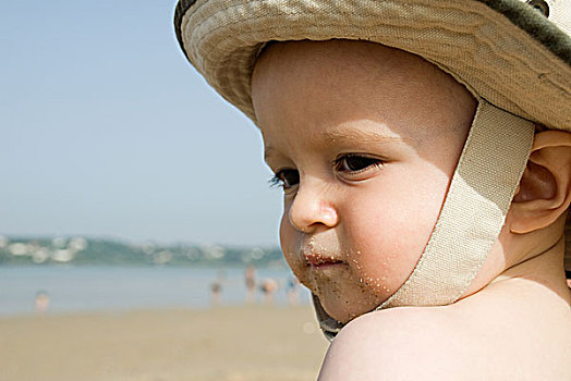 男婴,海滩,戴着,太阳帽