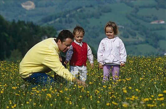 父亲,玩,两个孩子,花,草地,上奥地利州,奥地利,欧洲