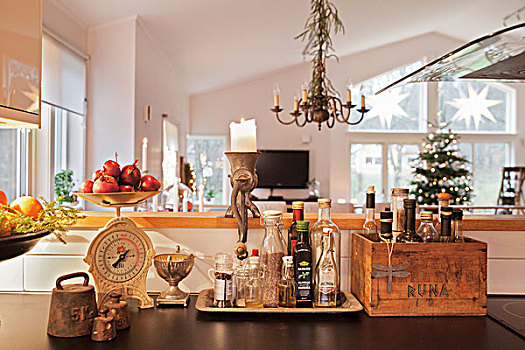旧式,厨具,正面,台案,装饰,圣诞树,客厅,背景