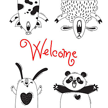 欢迎,卡,可爱,动物,猪,绵羊,熊猫,兔子,矢量,插画