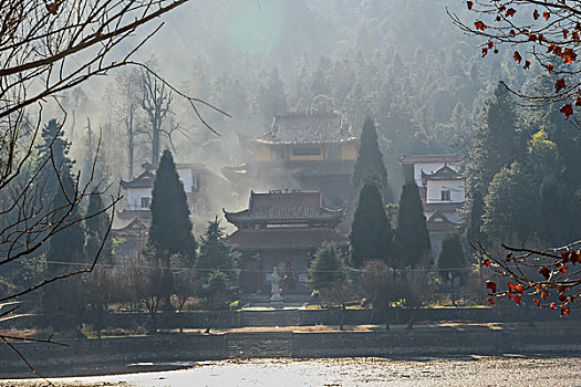 树,蓝,背景,池塘,倒影,烟,枯枝,寺庙,太阳,阳光,水,岸,淤泥,泥潭,村庄,山岗