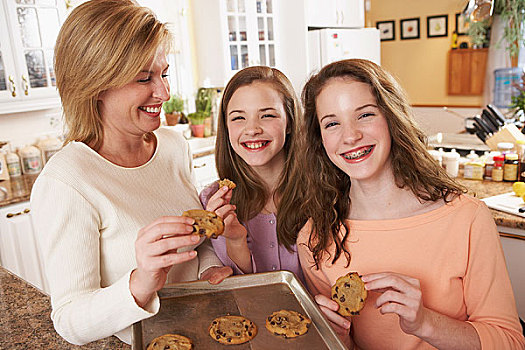女孩,吃,饼干,母亲