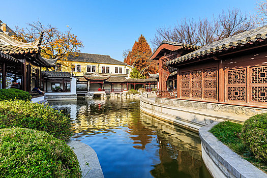 亭台水榭建筑园林景观,拍摄于南京总统府景区复园