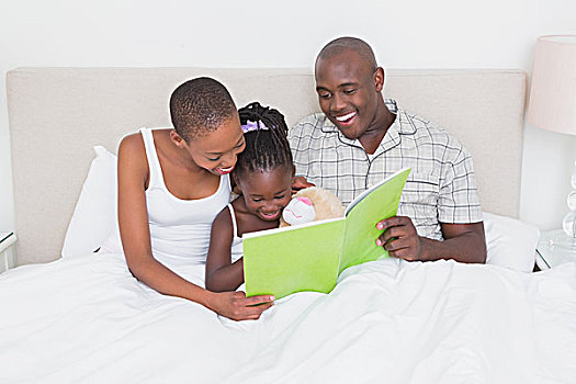 漂亮,情侣,女儿,读,绿色,书本,床上,在家,卧室
