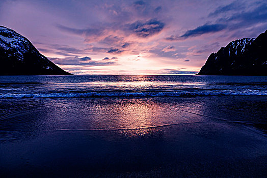 梦幻,沙滩,落日,湾,岩石海岸,松奥菲尔当纳,挪威,欧洲