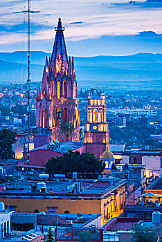 俯视,城市,塔,圣米格尔,光亮,黄昏,瓜纳华托州,墨西哥