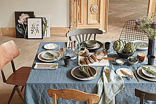 桌子,普罗旺斯,蓝色,亚麻布,桌布,装饰