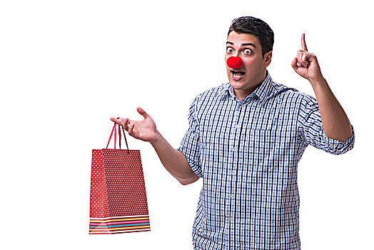 男人,红色,鼻子,有趣,拿着,购物袋,礼物,隔绝,白色背景,背景