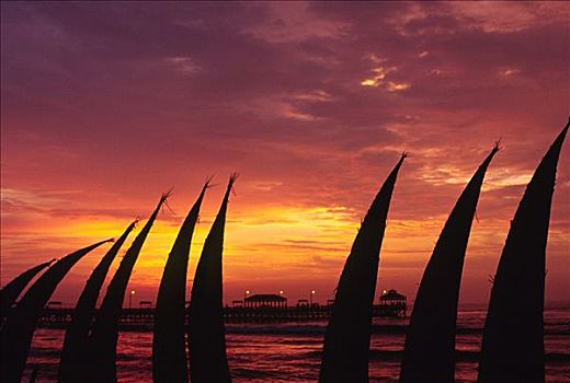 落日,颜料,天空,红色,影像轮廓,芦苇,船,一堆,海滨地区,北方,秘鲁,传统,工艺,捕鱼者