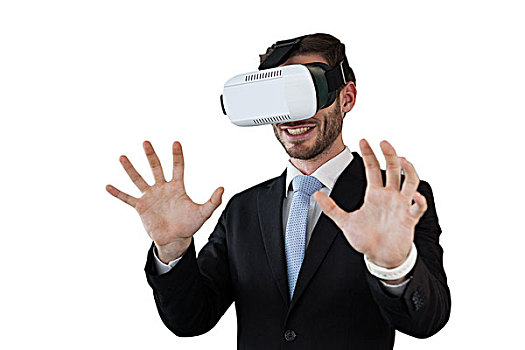 高兴,商务人士,虚拟现实,玻璃,手势,白色背景,站立