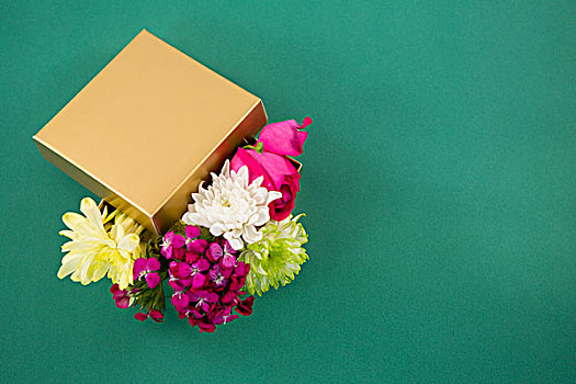 礼盒,满,花,绿色背景,特写