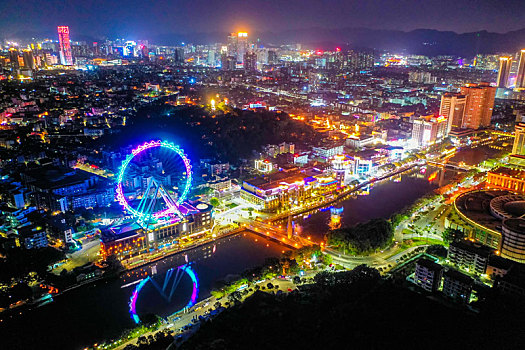 航拍广东中山岐江河畔兴中广场幻彩摩天轮夜景