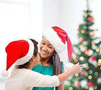 家庭,孩子,圣诞节,圣诞,高兴,人,概念,搂抱,母女,圣诞老人,帽子