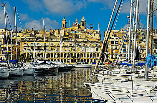 风景,格兰德港,码头,教堂,森格莱阿,马耳他,欧洲