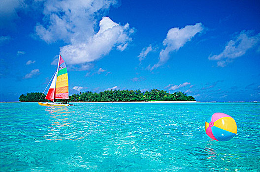 库克群岛,南太平洋,拉罗汤加岛,泻湖,双体船,水皮球
