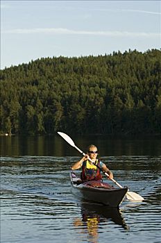 女人,划船,湖,瑞典