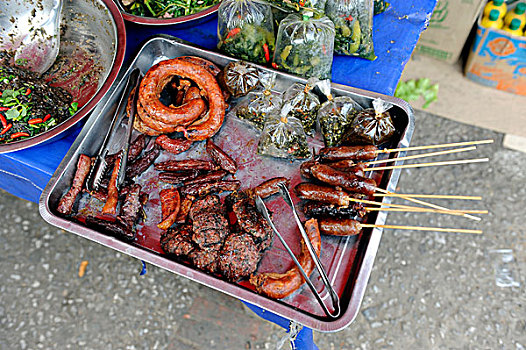香肠,烤制食品,肉,食物,市场,琅勃拉邦,老挝,东南亚