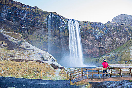 女人,站立,桥,观景,瀑布,后面,西南,冰岛