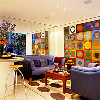 紫色,沙发,正面,反射,墙壁,大,抽象,鲜明,色彩,圆