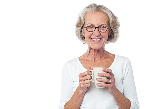 微笑,戴眼镜,老,女士,喝咖啡
