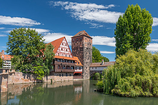 木制,建筑,桥,反射,河,纽伦堡,巴伐利亚,德国