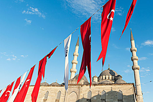 旗,飘扬,正面,新,清真寺,伊斯坦布尔,土耳其
