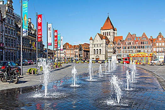 大广场,教堂,水,游戏,布,左边,历史,中心,埃诺省,比利时,欧洲