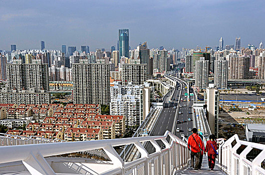 中国,上海,风景,住宅,塔,步行桥,桥