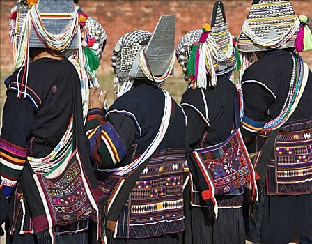 缅甸,景栋,阿卡族,女人,戴着,刺绣,外套,传统,头饰,银,珠子