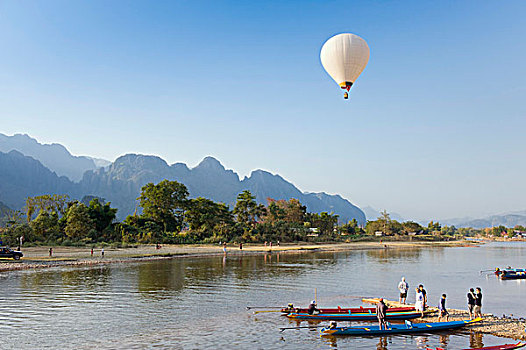 热气球,飞跃,喀斯特地貌,山峦,万荣,万象,老挝,印度支那,亚洲