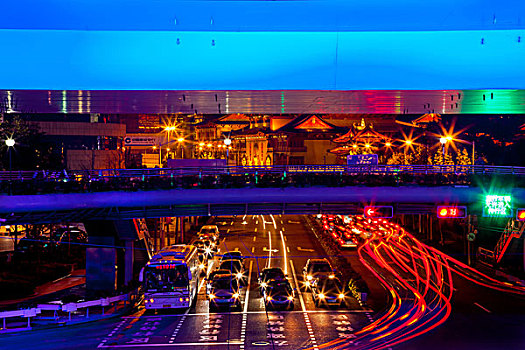 蓝色,公路,街道,交通,红色,夜灯,小路,庙宇