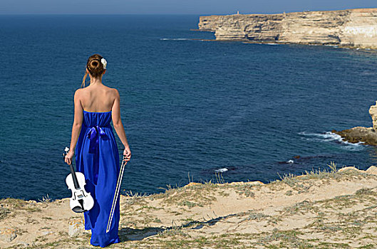 女人,青色,连衣裙,小提琴,乐弓,海上,岸边