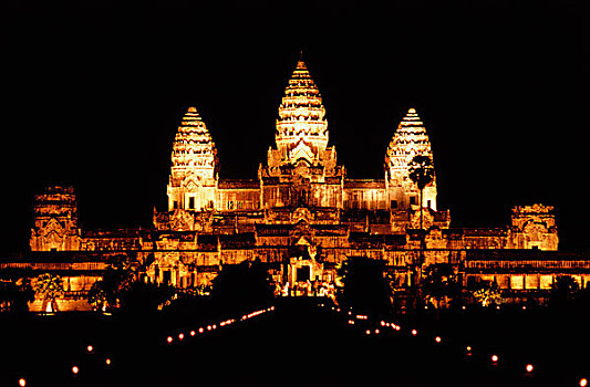 柬埔寨,收获,古老,高棉,庙宇,吴哥窟,夜晚