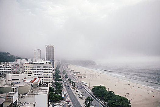 俯视图,低云,上方,科巴卡巴纳海滩,里约热内卢,巴西