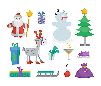 物体,创意,新年,贺卡,圣诞节,圣诞老人,礼盒,雪人,冷杉,鹿,雪橇,球,鸡尾酒,包,设计,矢量,插画