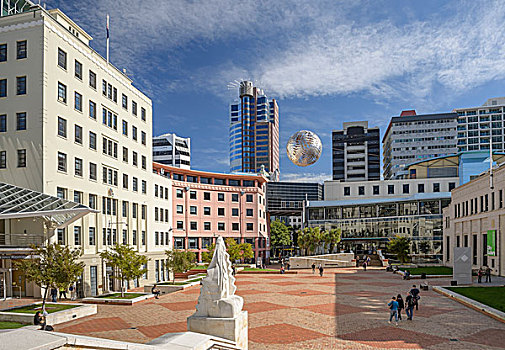 铁,球,雕塑,城市,广场,壮观,中心,后面,惠灵顿,新西兰,大洋洲