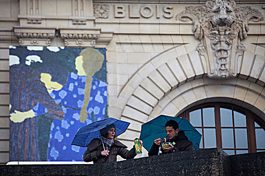 法国,巴黎,情侣,蓝色,伞,户外,博物馆