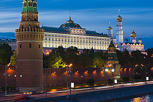 俄罗斯,莫斯科,克里姆林宫,晚间,莫斯科河
