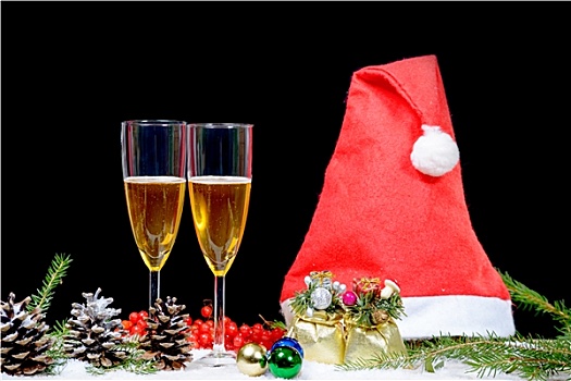 圣诞装饰,两个,玻璃杯,香槟,圣诞节,帽子