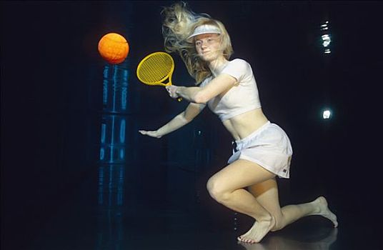 女人,玩,网球,水下