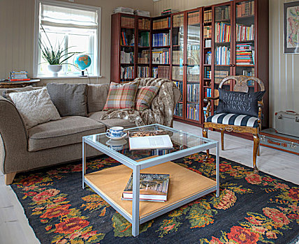 茶几,花,地毯,沙发,老式,椅子,正面,书架