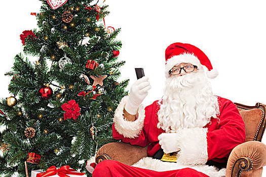 休假,科技,人,概念,男人,服饰,圣诞老人,智能手机,礼物,圣诞树