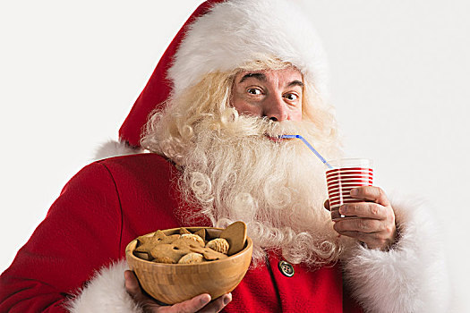 头像,圣诞老人,喝,牛奶,玻璃杯,拿着,碗,饼干,贺卡,背景