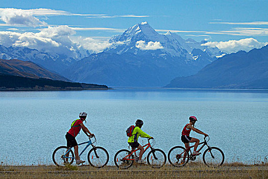 骑车,阿尔卑斯山,海洋,自行车,小路,普卡基湖,奥拉基,库克山,麦肯齐山区,坎特伯雷,南岛,新西兰