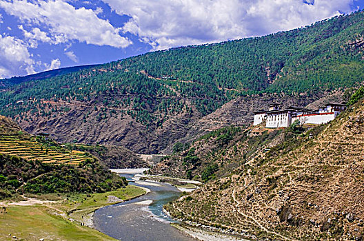 山间高原,河,山谷,寺院,背景,不丹