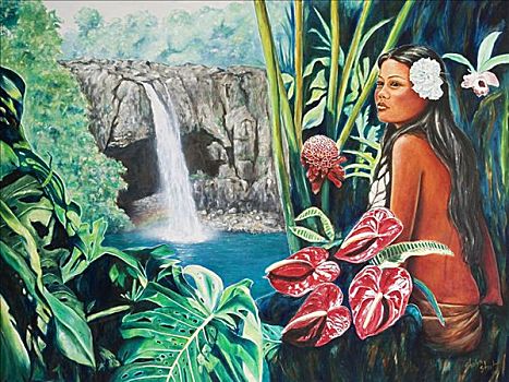 夏威夷,女孩,远眺,美女,瀑布,油画