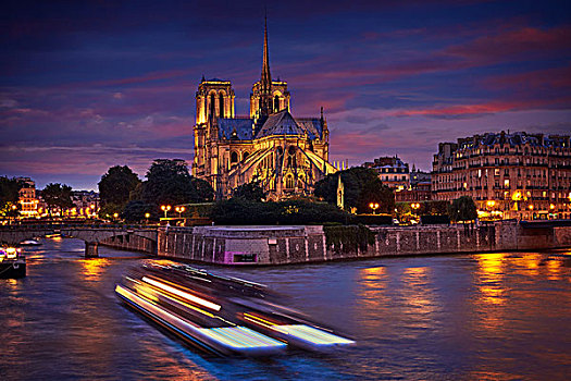 圣母大教堂,巴黎,日落,塞纳河,法国