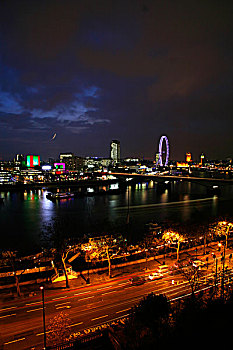 夜晚,景色,泰晤士河,伦敦南岸,伦敦眼,远处,远景,大本钟,伦敦,英国