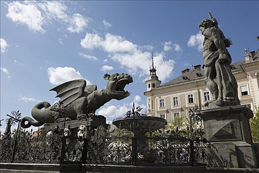 喷泉,新,广场,克拉根福,卡林西亚,奥地利,欧洲